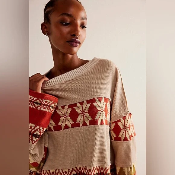 We The Free People Ski Holiday Snowflake Swit Oversized Waffle Knit Thermal | L - Picture 4 of 9